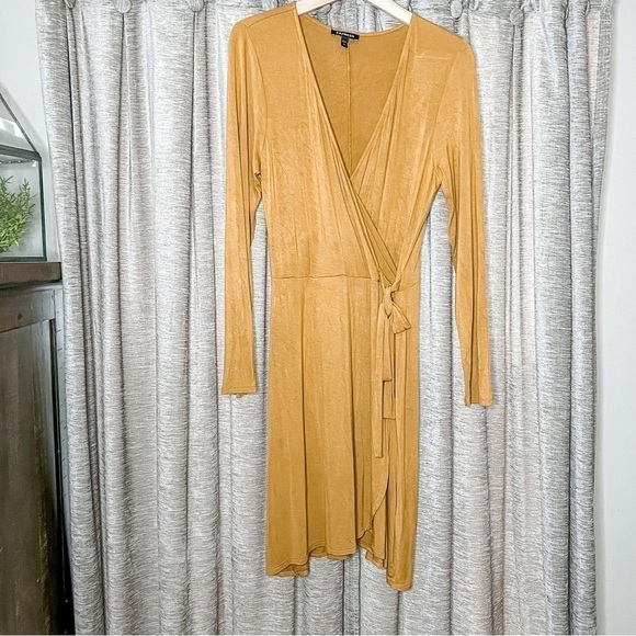 Express Mustard Yellow Long Sleeve Faux Wrap Dress Size Medium - Picture 2 of 16